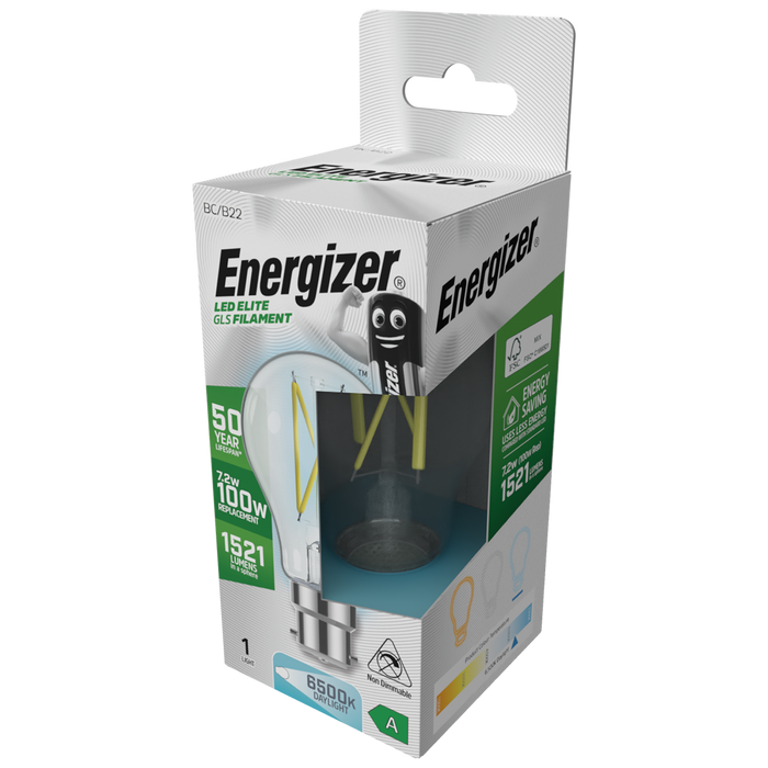 Energizer S29635 A Rated LED Elite GLS B22 Filament 1521lm 7.2W 6500K (Warm White)