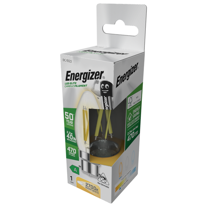 Energizer S29638 A Rated LED Elite Candle B22 Filament 470lm 2.2W 2700K (Warm White)(12 Pack)