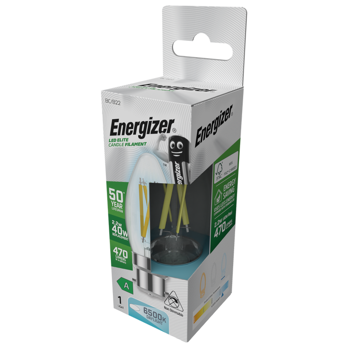 Energizer S29639 A Rated LED Elite Candle B22 Filament 470lm 2.2W 6500K (Daylight)