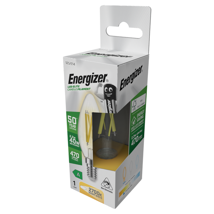 Energizer S29640 A Rated LED Elite Candle E14 Filament 470lm 2.2W 2700K (Warm White)(12 Pack)