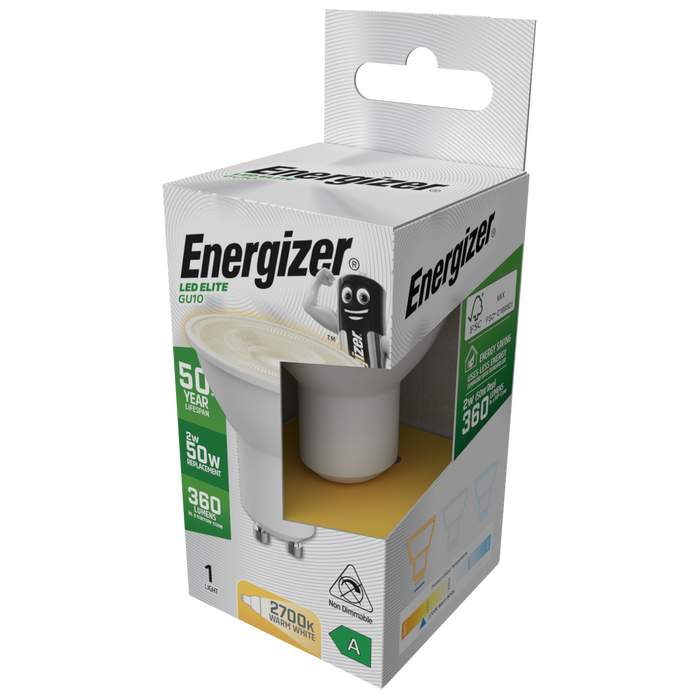 Energizer S29642 A Rated LED Elite GU10 360lm 2W 2700K (Warm White)(12 Pack)