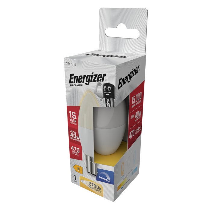 Energizer S29766 4.2W 470lm B15 SBS Candle LED Bulb Opal Warm White 2700K Dimmable