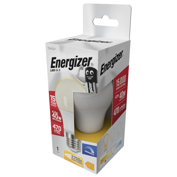 Energizer S29776 4.2W 470lm E27 ES GLS LED Bulb Opal Warm White 2700K Dimmable