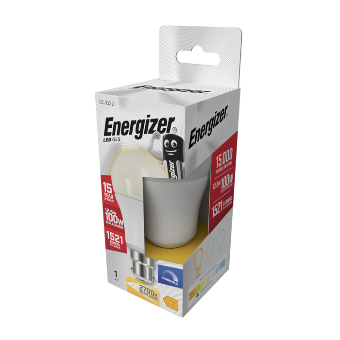 Energizer S29778 12.6W 1521lm B22 BC GLS LED Bulb Opal Warm White 2700K Dimmable