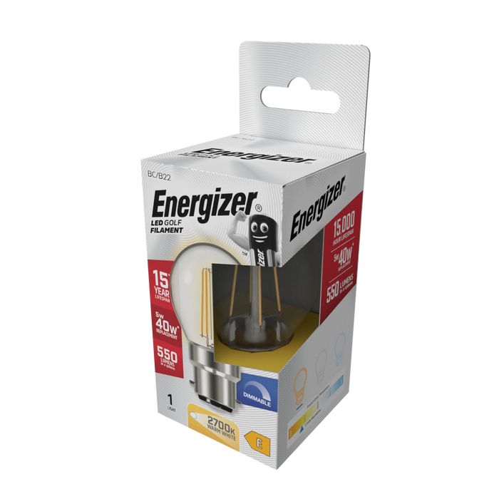 Energizer S29787 5W 470lm B22 BC Golf Filament LED Bulb Warm White 2700K Dimmable