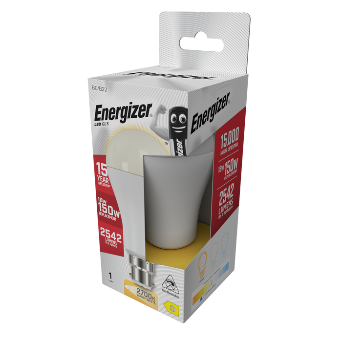 Energizer S29831 18W 2452lm B22 BC GLS LED Bulb Opal Warm White 2700K