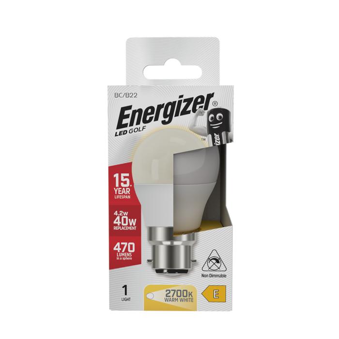 Energizer S8838 4.9W 470lm B22 BC Golf LED Bulb Opal Warm White 2700K