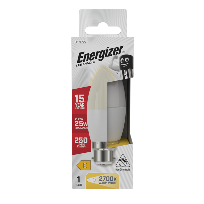 Energizer S8843 3W 250lm B22 BC Candle LED Bulb Opal Warm White 2700K