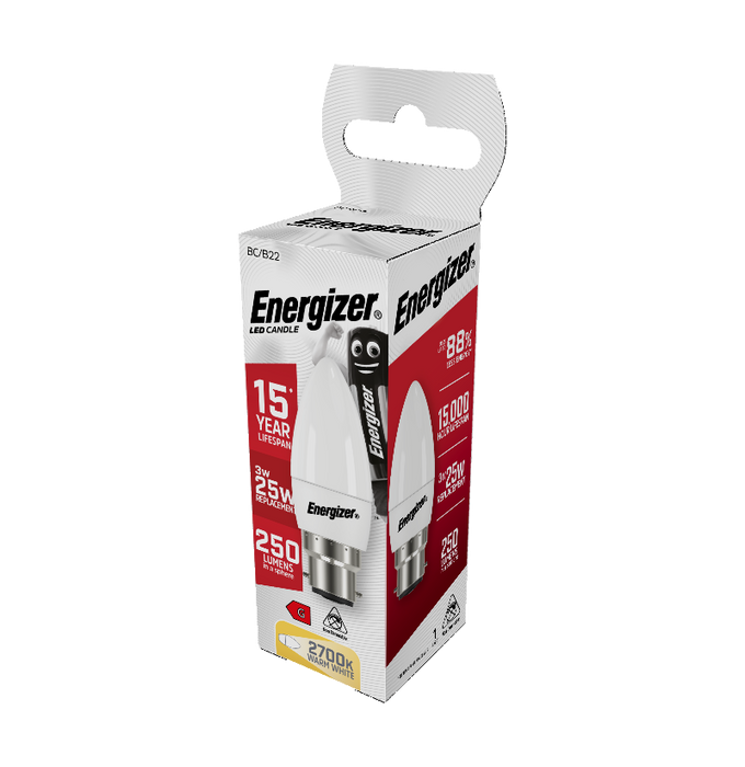 Energizer 3.3W 250lm B22 BC Candle LED Bulb Opal Warm White 2700K - westbasedirect.com