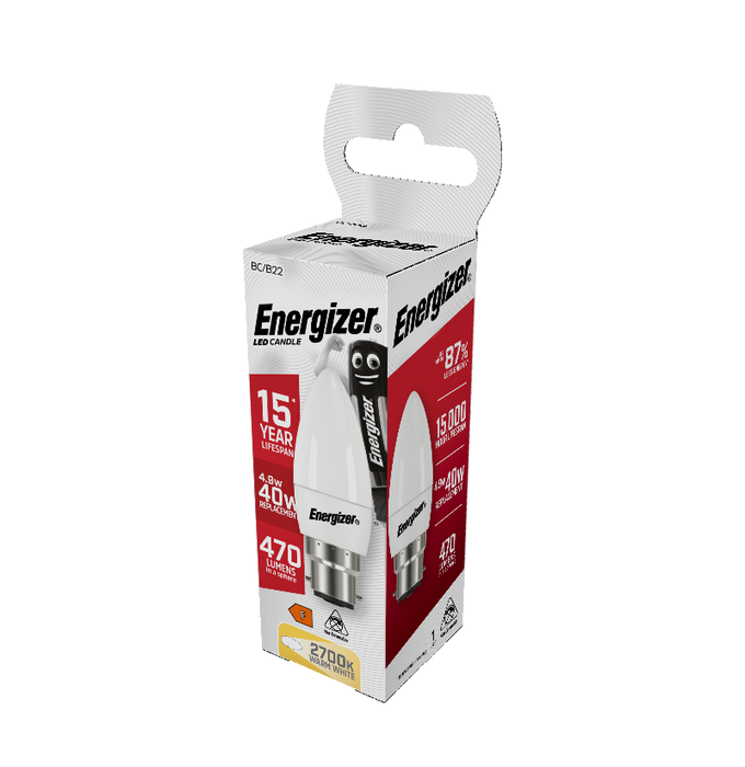 Energizer 5.2W 470lm B22 BC Candle LED Bulb Opal Warm White 2700K - westbasedirect.com