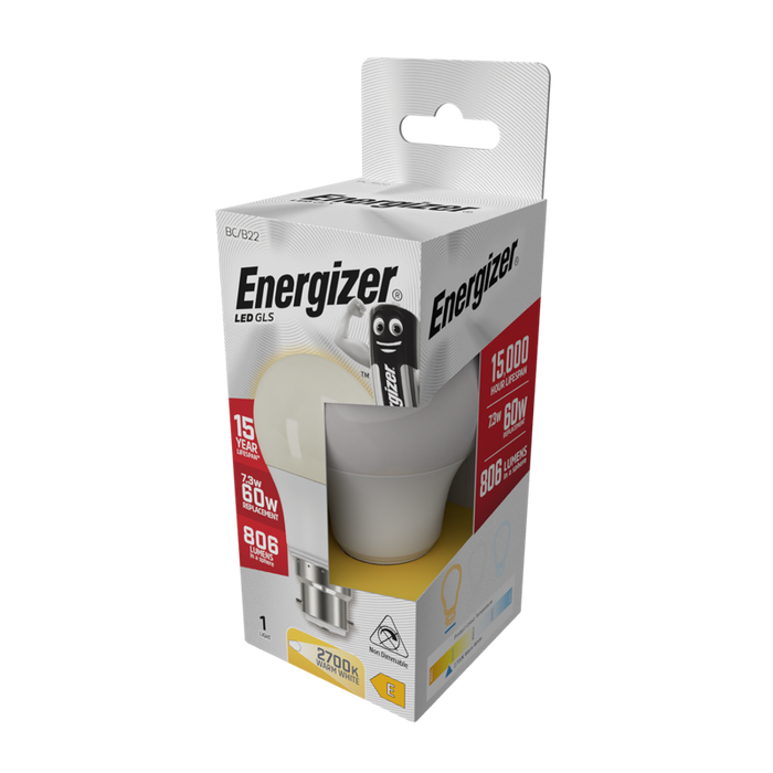 Energizer S8862 8.5W 806lm B22 BC GLS LED Bulb Opal Warm White 2700K