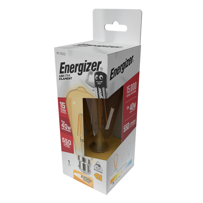 Energizer S9432 5W 470lm B22 BC ST64 Filament Gold LED Bulb Warm White 2700K - westbasedirect.com