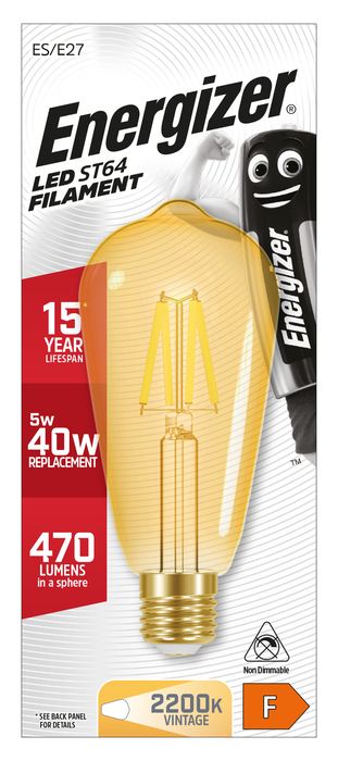 Energizer 5W 470lm E27 ES ST64 Filament Gold LED Bulb Warm White 2200K - westbasedirect.com