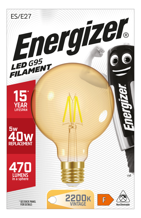 Energizer 5W 470lm E27 ES G95 Filament Gold LED Bulb Warm White 2700K - westbasedirect.com