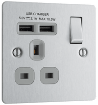 BG SBS21U2G Flatplate Screwed 13A Single Socket + 2x USB(2.1A) - Grey Insert - Brushed Steel