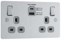 BG SBS22UACG Flatplate Screwed 13A Double Socket + USB A+C(4.2A) - Grey Insert - Brushed Steel