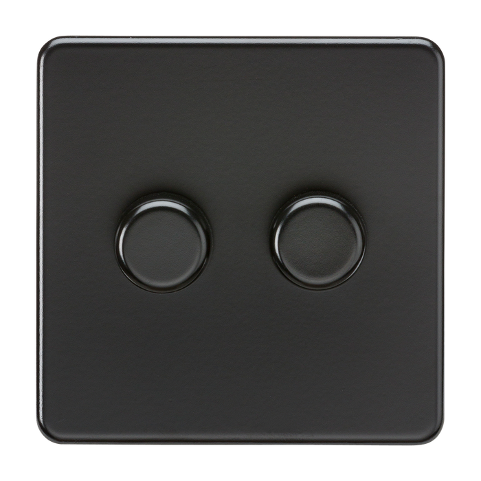 Knightsbridge SF2182MBB Screwless 2G 2-way 10-200W Trailing Edge Dimmer - Matt Black + Black Knobs - westbasedirect.com