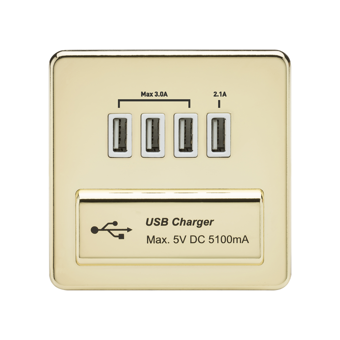 Knightsbridge SFQUADPBW Screwless Quad USB Charger Outlet 5.1A - Polished Brass + White Insert - westbasedirect.com