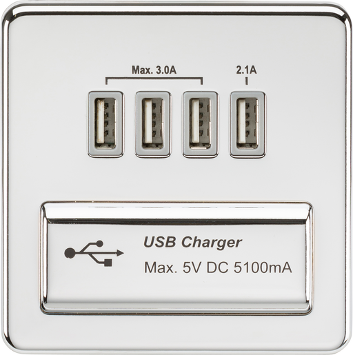 Knightsbridge SFQUADPCG Screwless Quad USB Charger Outlet 5.1A - Polished Chrome + Grey Insert - westbasedirect.com