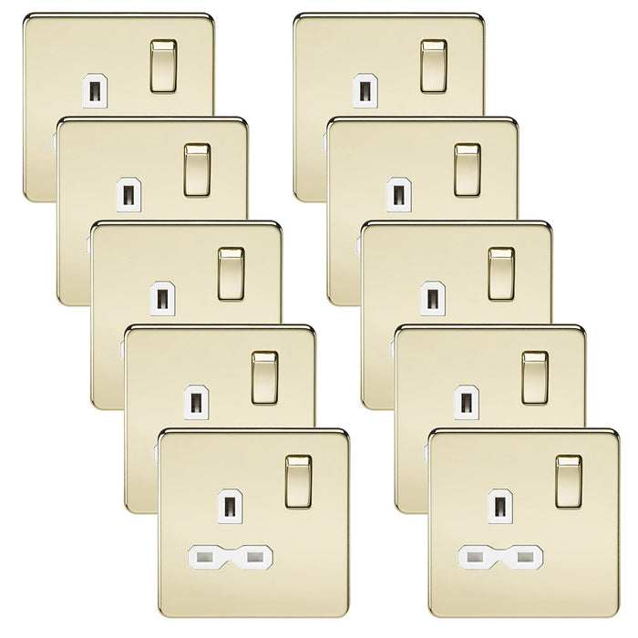 Knightsbridge SFR7000PBWx10 Screwless 13A 1G DP Switched Socket - Polished Brass + White Insert (10 Pack)