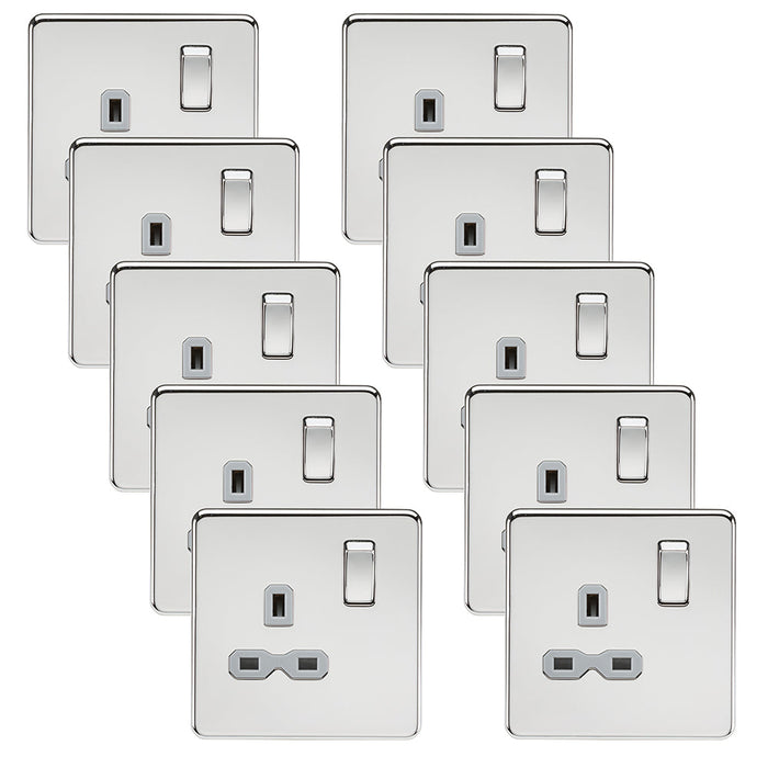Knightsbridge SFR7000PCGx10 Screwless 13A 1G DP Switched Socket - Polished Chrome + Grey Insert (10 Pack)