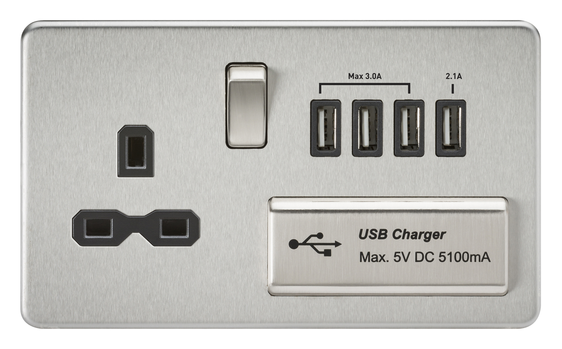 Knightsbridge SFR7USB4BC Screwless 13A Switched Socket + 4xUSB (5.1A) - Brushed Chrome + Black Insert - westbasedirect.com