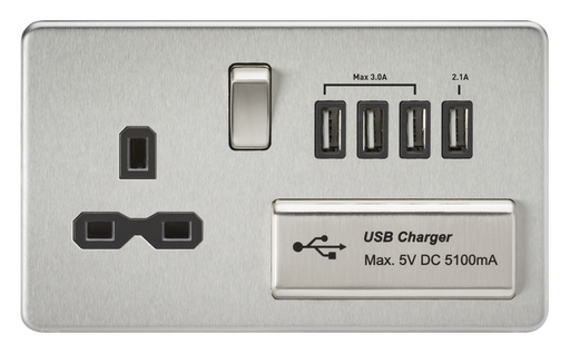 Knightsbridge SFR7USB4BC Screwless 13A Switched Socket + 4xUSB (5.1A) - Brushed Chrome + Black Insert - westbasedirect.com