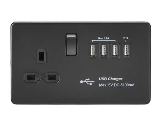 Knightsbridge SFR7USB4MBB Screwless 13A Switch Socket + 4xUSB 5.1A - Matt Black + Black Rockers - westbasedirect.com