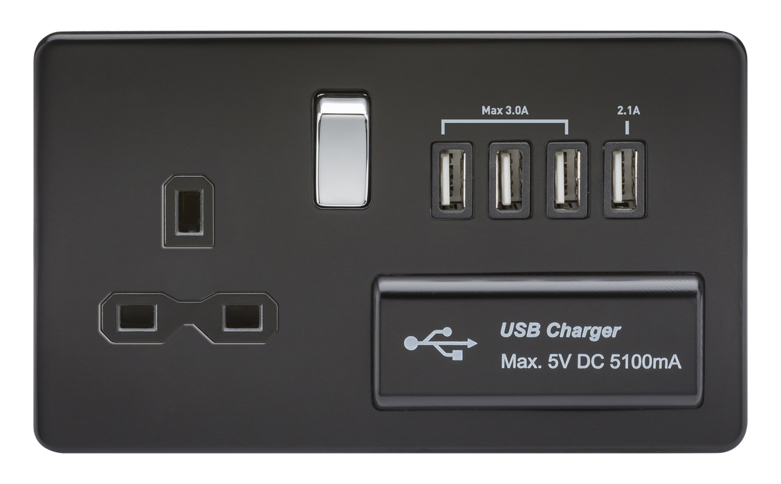 Knightsbridge SFR7USB4MB Screwless 13A Switched Socket + 4xUSB (5.1A) - Matt Black + Chrome Rocker - westbasedirect.com