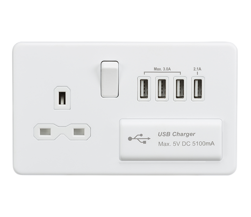 Knightsbridge SFR7USB4MW Screwless 13A Switched Socket + 4xUSB (5.1A) - Matt White - westbasedirect.com