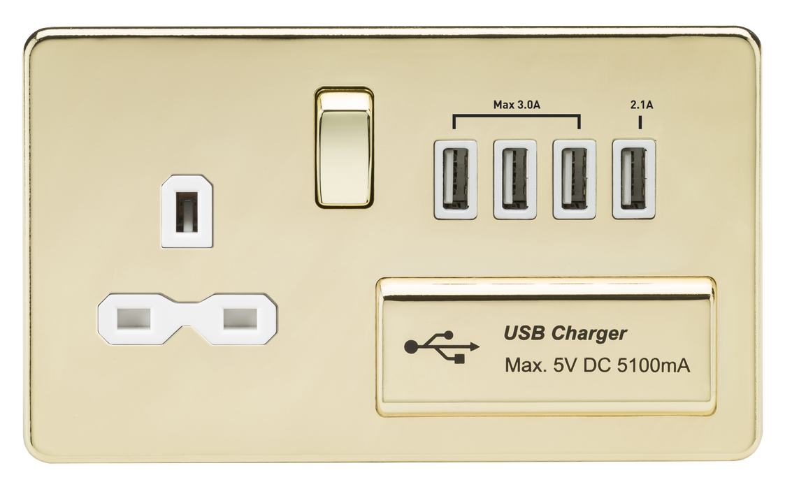 Knightsbridge SFR7USB4PBW Screwless 13A Switched Socket + 4xUSB 5.1A - Polished Brass + White Insert - westbasedirect.com