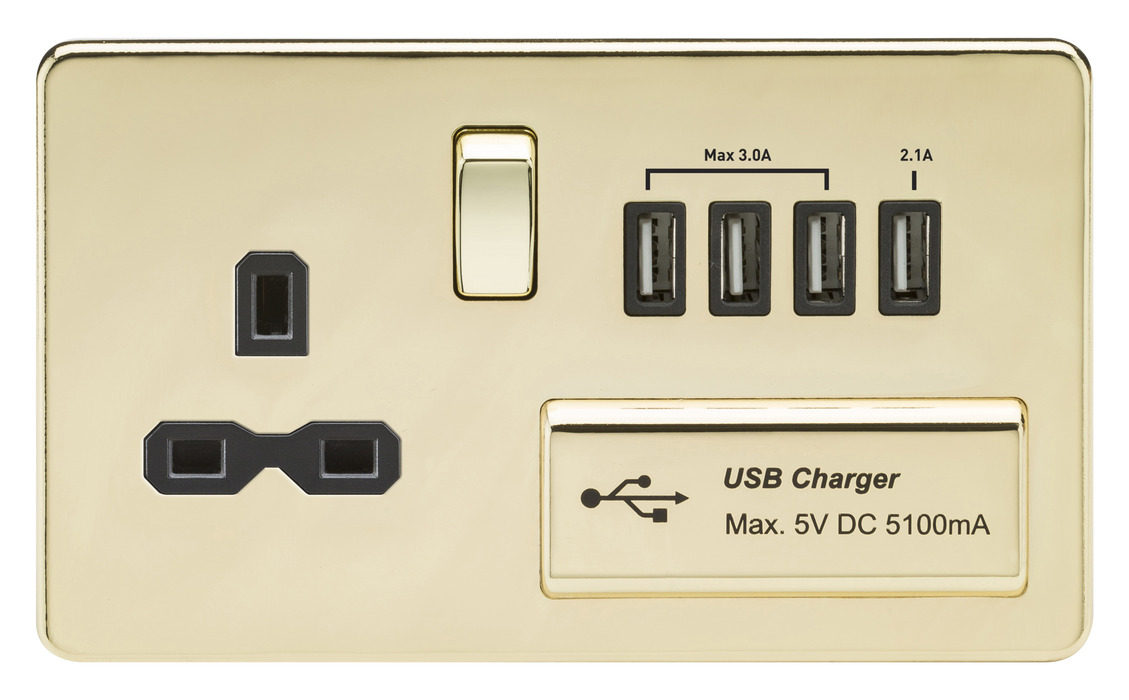 Knightsbridge SFR7USB4PB Screwless 13A Switched Socket + 4xUSB 5.1A - Polished Brass + Black Insert - westbasedirect.com