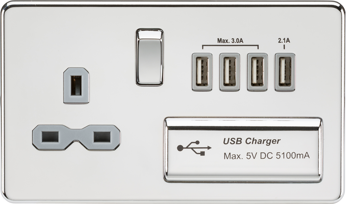 Knightsbridge SFR7USB4PCG Screwless 13A Switch Socket + 4xUSB 5.1A - Polished Chrome + Grey Insert - westbasedirect.com