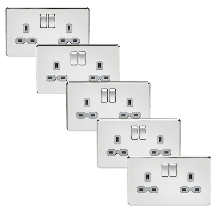 Knightsbridge SFR9000PCGx5 Screwless 13A 2G DP Switched Socket - Polished Chrome + Grey Insert (5 Pack)