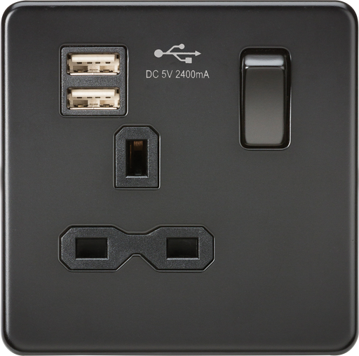 Knightsbridge SFR9124MBB Screwless 13A 1G Switch Socket + 2xUSB 2.4A - Matt Black + Black Rockers - westbasedirect.com