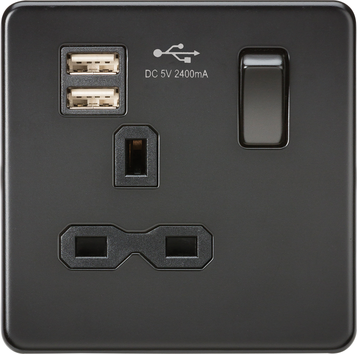 Knightsbridge SFR9124MBB Screwless 13A 1G Switch Socket + 2xUSB 2.4A - Matt Black + Black Rockers - westbasedirect.com