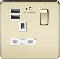 Knightsbridge SFR9124PBW Screwless 13A 1G Switch Socket + 2xUSB 2.4A - Polished Brass + White Insert