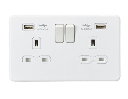 Knightsbridge SFR9224MW Screwless 13A 2G Switched Socket + 2xUSB (2.4A) - Matt White - westbasedirect.com