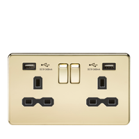 Knightsbridge SFR9224PB Screwless 13A 2G Switch Socket + 2xUSB 2.4A - Polished Brass + Black Insert