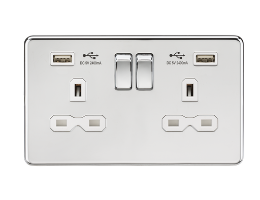 Knightsbridge SFR9224PCW Screwless 13A 2G Switch Socket + 2xUSB 2.4A - Polished Chrome + White Insert - westbasedirect.com