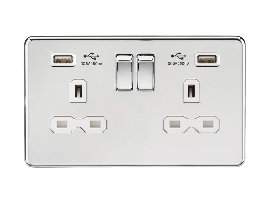 Knightsbridge SFR9224PCW Screwless 13A 2G Switch Socket + 2xUSB 2.4A - Polished Chrome + White Insert - westbasedirect.com