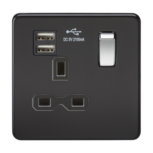 Knightsbridge SFR9901MB Screwless 13A 1G Switched Socket + 2xUSB (2.1A) - Matt Black + Chrome Rocker - westbasedirect.com