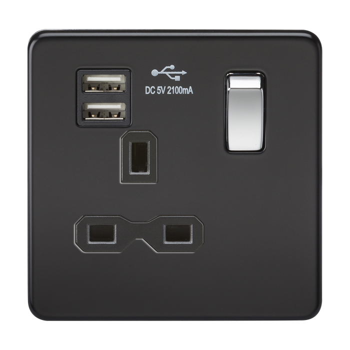 Knightsbridge SFR9901MB Screwless 13A 1G Switched Socket + 2xUSB (2.1A) - Matt Black + Chrome Rocker - westbasedirect.com