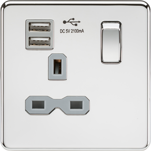 Knightsbridge SFR9901PCG Screwless 13A 1G Switch Socket + 2xUSB 2.1A - Polished Chrome + Grey Insert - westbasedirect.com