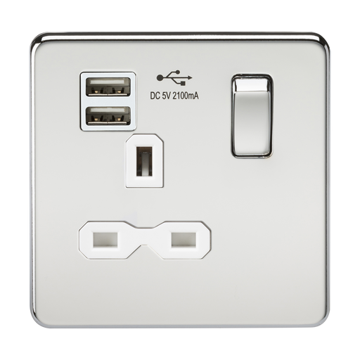 Knightsbridge SFR9901PCW Screwless 13A 1G Switch Socket + 2xUSB 2.1A - Polished Chrome + White Insert - westbasedirect.com