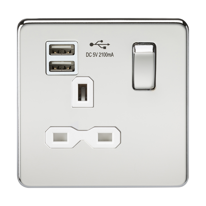 Knightsbridge SFR9901PCW Screwless 13A 1G Switch Socket + 2xUSB 2.1A - Polished Chrome + White Insert - westbasedirect.com