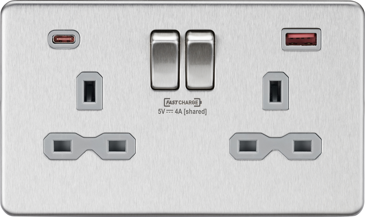 Knightsbridge SFR9909BCG Screwless 13A 2G DP Switched Socket + 2xUSB(A + C) FASTCHARGE - Brushed Chrome + Grey Insert - westbasedirect.com