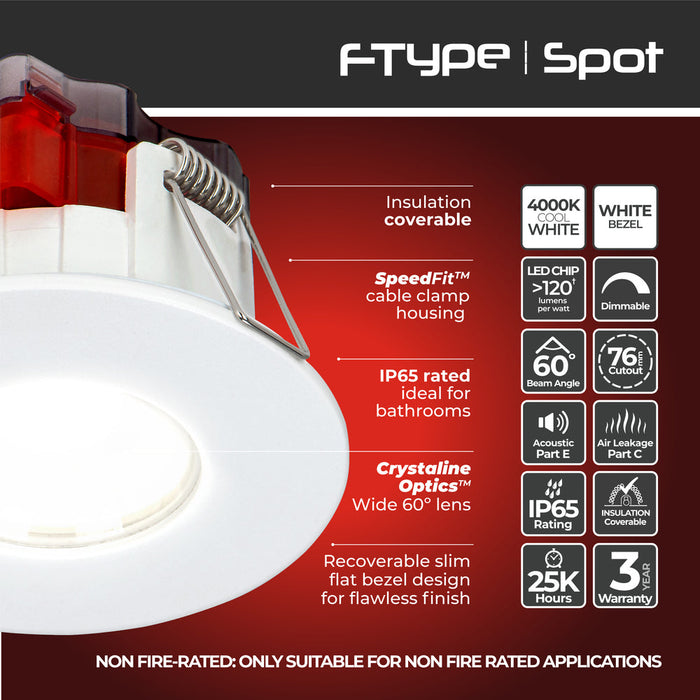 Luceco SFTF5W40 FType Spot Decorative LED Downlight 5W 550Lm 4000K Dimmable IP65 White Bezel - Flat