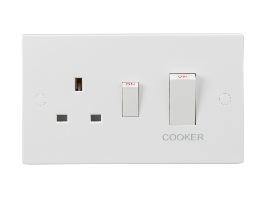 Knightsbridge SN8333W White Square Edge 45A DP Cooker Switch + 13A Socket (White Rocker) - westbasedirect.com