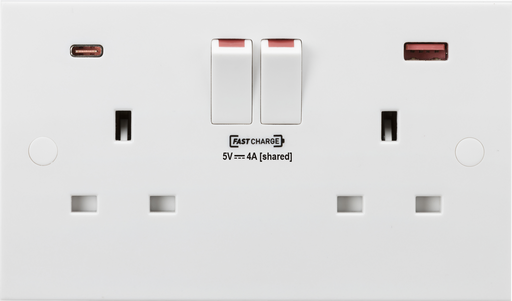 Knightsbridge SN9909 White Square Edge 13A 2G DP Switched Socket + 2xUSB(A + C) FAST - westbasedirect.com